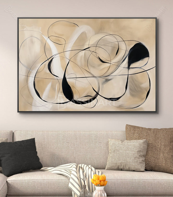 Cuadro Stoic abstracto minimalista — formas orgánicas negras y blancas sobre fondo beige, Massinart