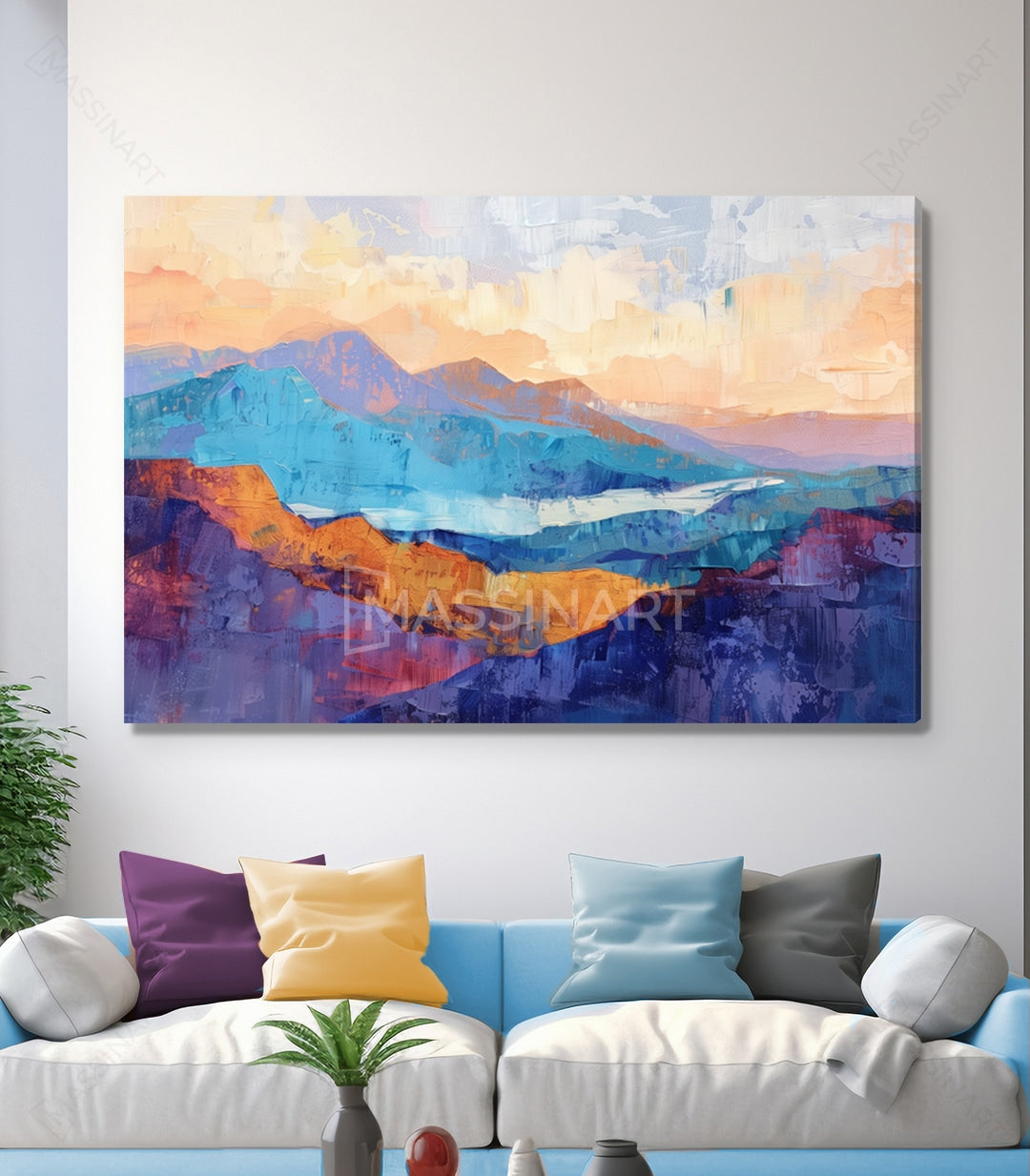 Decoración interior contemporánea con cuadro de montaña al atardecer Massinart
