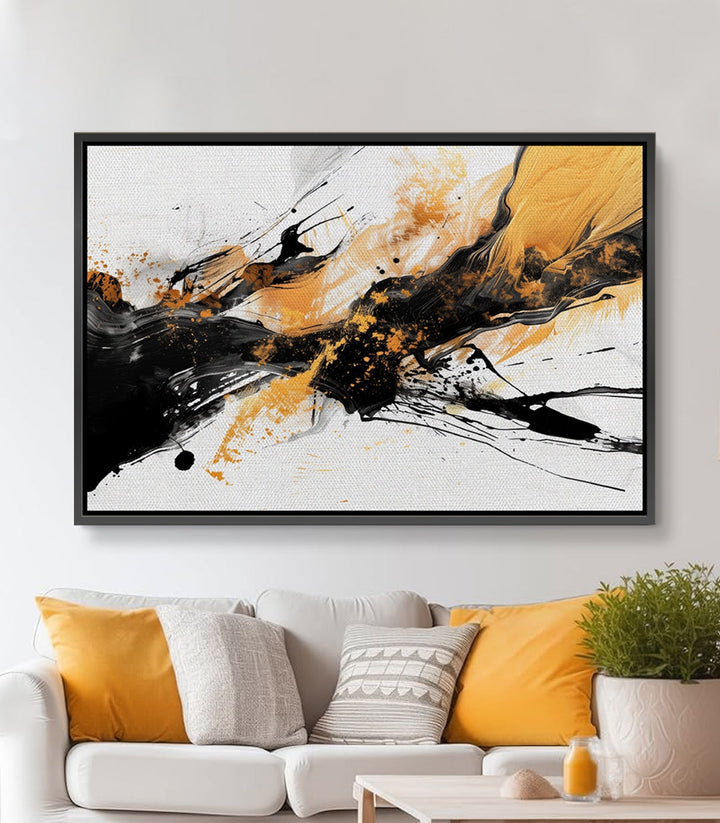 Cuadro abstracto expresionista Impact en negro, blanco y amarillo — Massinart