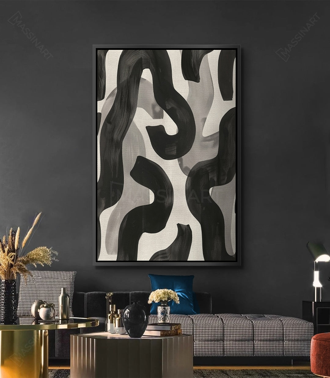 Cuadro abstracto Edge de Massinart — formas orgánicas negras ondulantes sobre fondo blanco roto