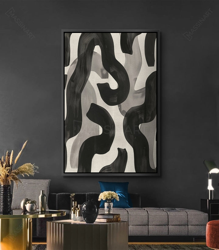 Cuadro abstracto Edge de Massinart — formas orgánicas negras ondulantes sobre fondo blanco roto