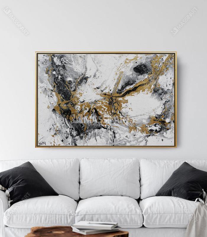 Cuadro Gold Splash abstracto horizontal — salpicaduras en oro, negro y blanco — Massinart