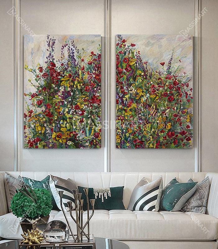 Cuadro En medio de las flores — composición floral expresionista en tonos amarillo, dorado y beige sobre lienzo, Massinart