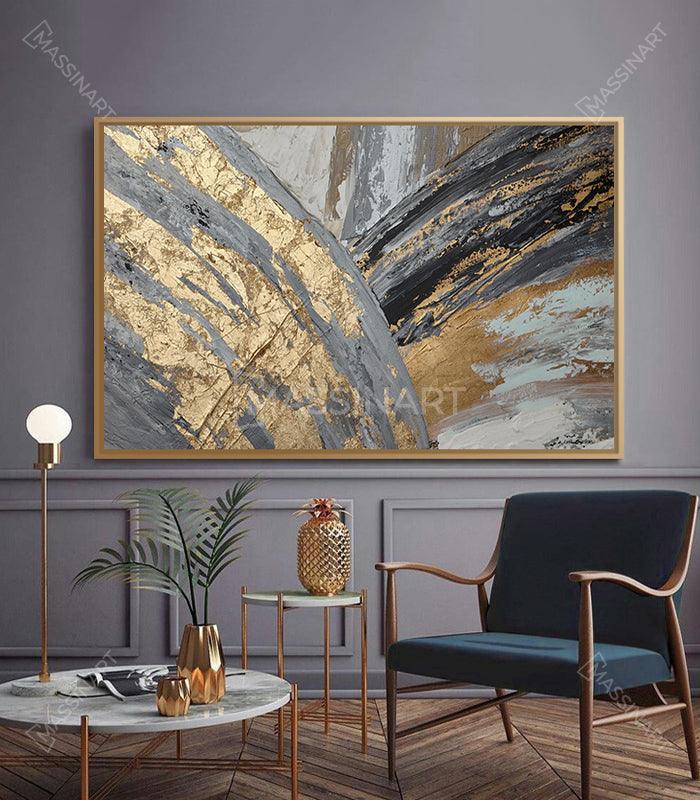 Cuadro abstracto Mythique V2 con pinceladas expresionistas en gris, blanco y dorado — Massinart