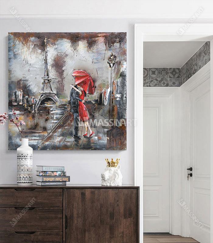 Cuadro París de amor — mujer con paraguas rojo frente a la Torre Eiffel, estilo expresionista, Massinart
