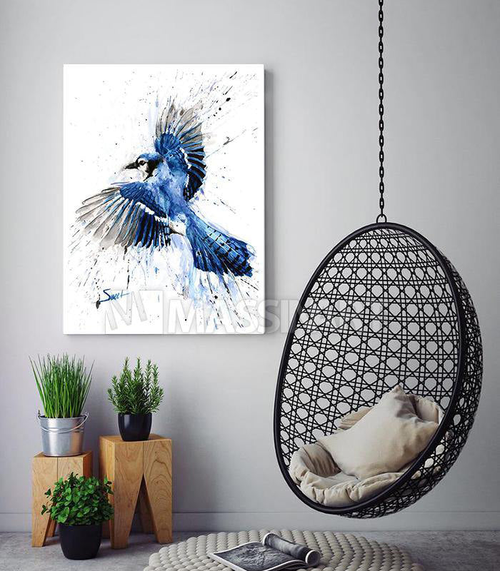 Cuadro decorativo de arrendajo azul en acuarela, tonos azules y verdes, estilo naturaleza para salón o dormitorio — Massinart