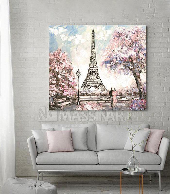 Cuadro pareja frente a la Torre Eiffel — acuarela rosa y blanco, estilo romántico parisino, Massinart