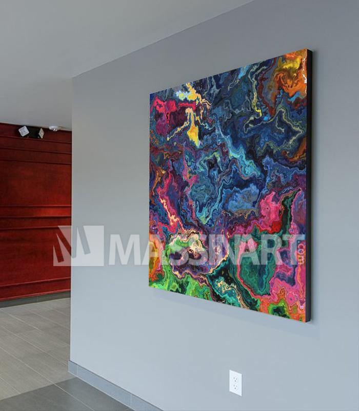 Cuadro abstracto fluido multicolor con tonos azul, naranja, rojo y amarillo — Massinart
