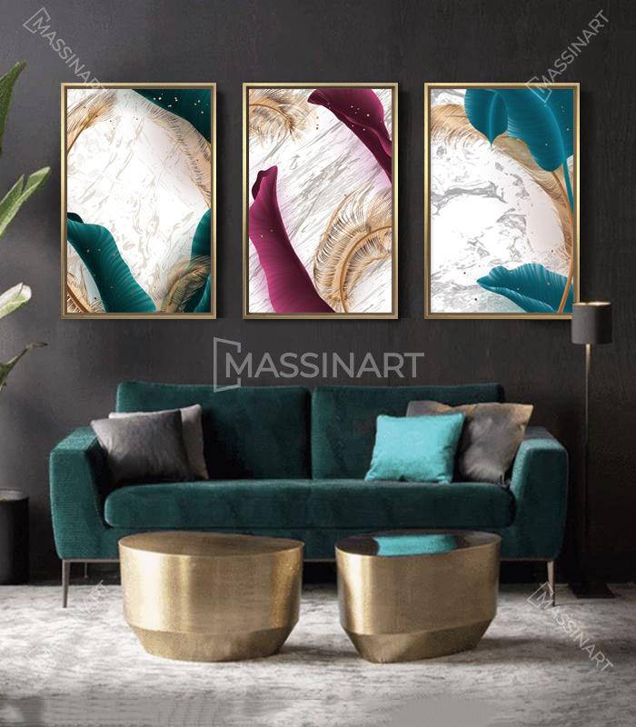 Cuadro abstracto plumas de colores — mármol blanco, turquesa y dorado — Massinart
