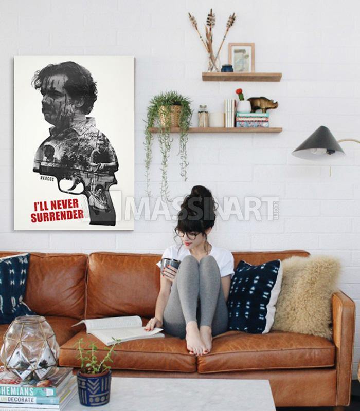 Cuadro retrato Narcos Pablo en blanco y negro estilo expresionista, arte mural decorativo Massinart